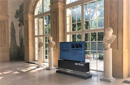 LG OLED TV displayed between 3 portrait busts inside the classic antique hall where the BFE Summit was held this year. 