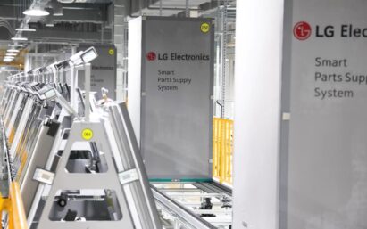 A high-altitude conveyor belt delivering supplies inside the smart factory