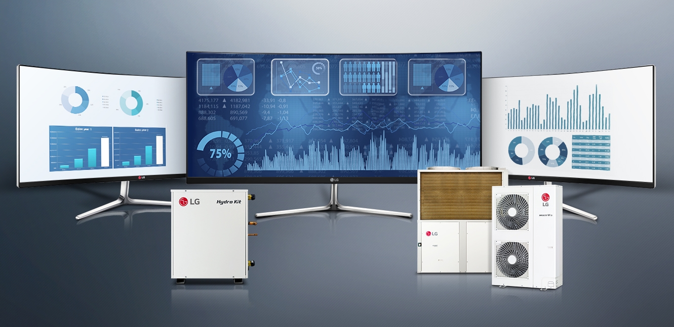 The LG Hydro Kit, Multi V and monitors that make up LG Energy Storage System and Building Energy Control.
