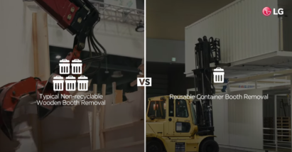 A screenshot from LG’s YouTube video comparing non-recyclable wooden booth removal waste to reusable container booth removal waste with pictures of an excavator and forklift.