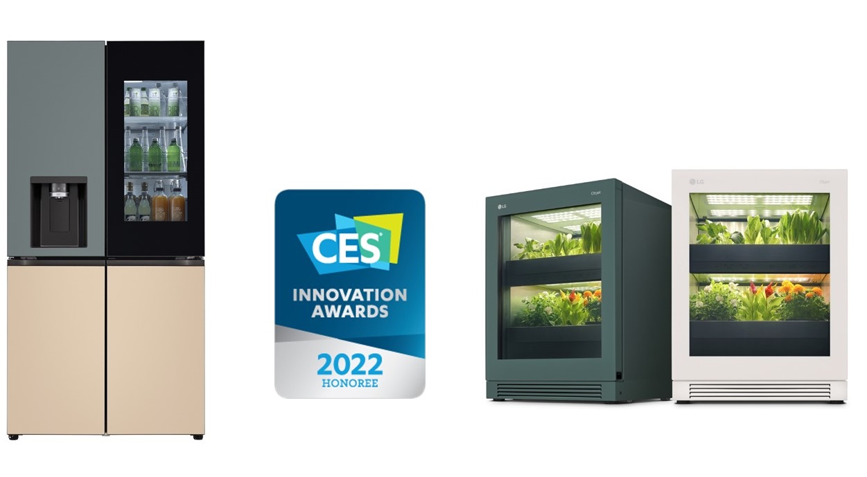 CES 2022 Innovation Awards Honoree logo placed between LG InstaView French-Door Refrigerator and LG tiiun