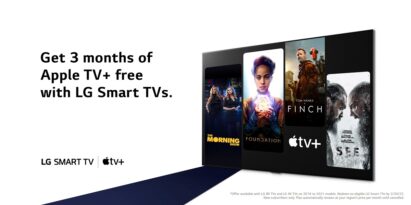 The promotional phrase ”Get 3 months of Apple TV+ free with LG Smart TVs” next to a TV displaying four popular shows available on Apple TV+.