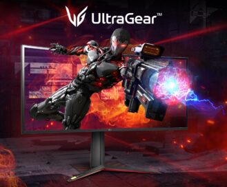 An LG UltraGear promotional image featuring a futuristic soldier bursting from the monitor’s screen.