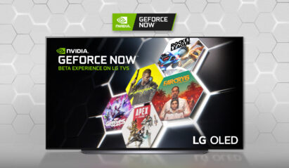 LG OLED TV displaying 5 hit video games available to play with NVIDIA GeForce NOW