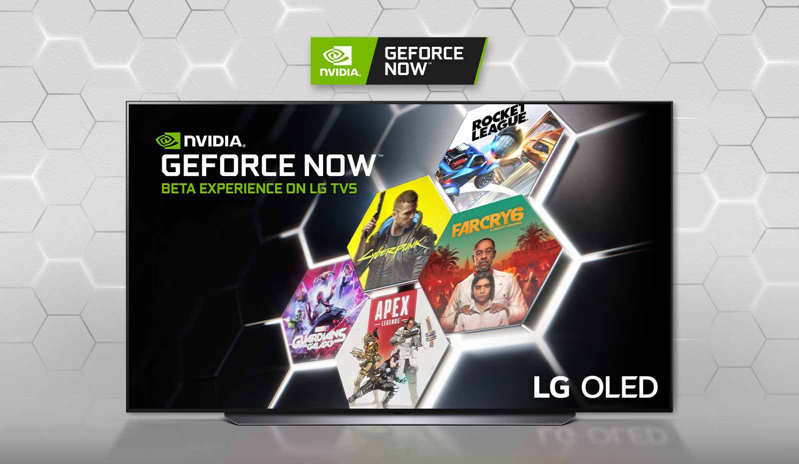 LG OLED TV displaying 5 hit video games available to play with NVIDIA GeForce NOW