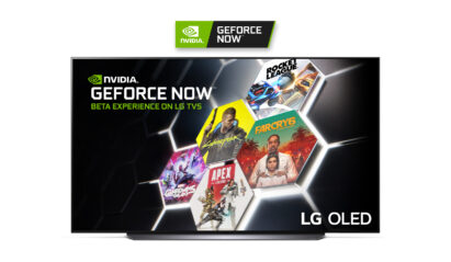 LG OLED TV displaying 5 hit video games available to play with NVIDIA GeForce NOW