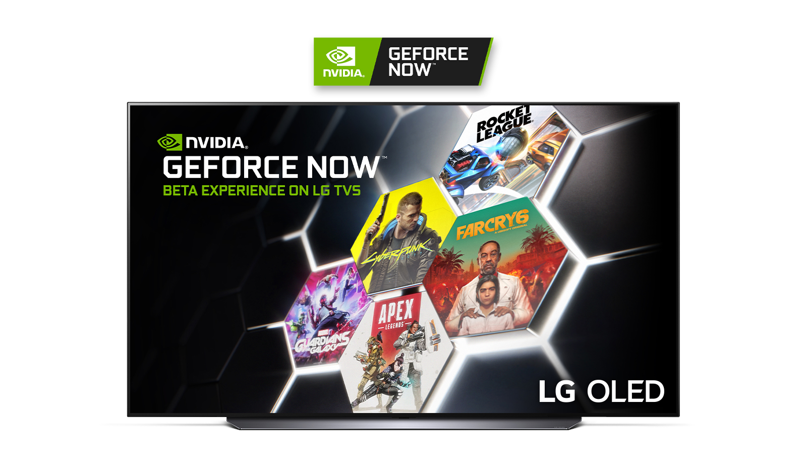 LG OLED TV displaying 5 hit video games available to play with NVIDIA GeForce NOW