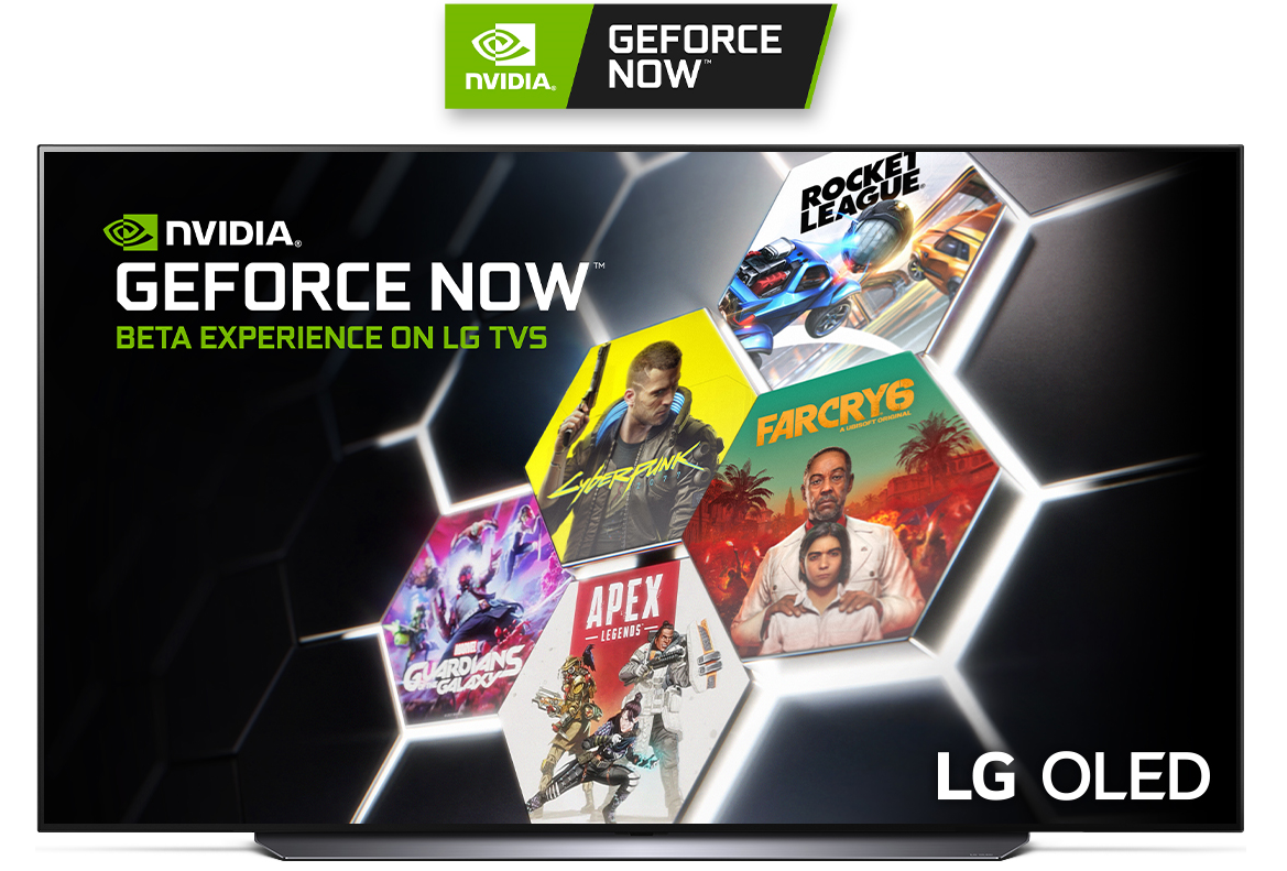 LG OLED TV displaying 5 hit video games available to play with NVIDIA GeForce NOW