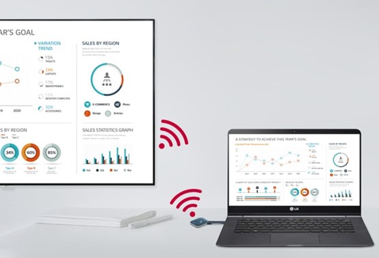 A laptop and One:Quick Works connecting via Wi-Fi to show the same screen thanks to the One:Quick Share feature.