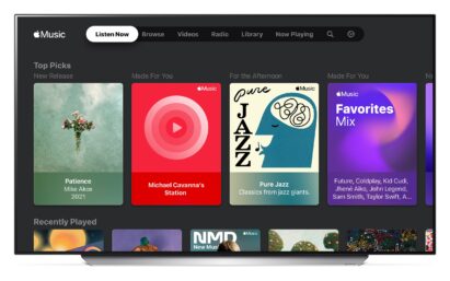 LG TV displaying the Top Picks and Recently Played playlists on the Listen Now section of the Apple Music app