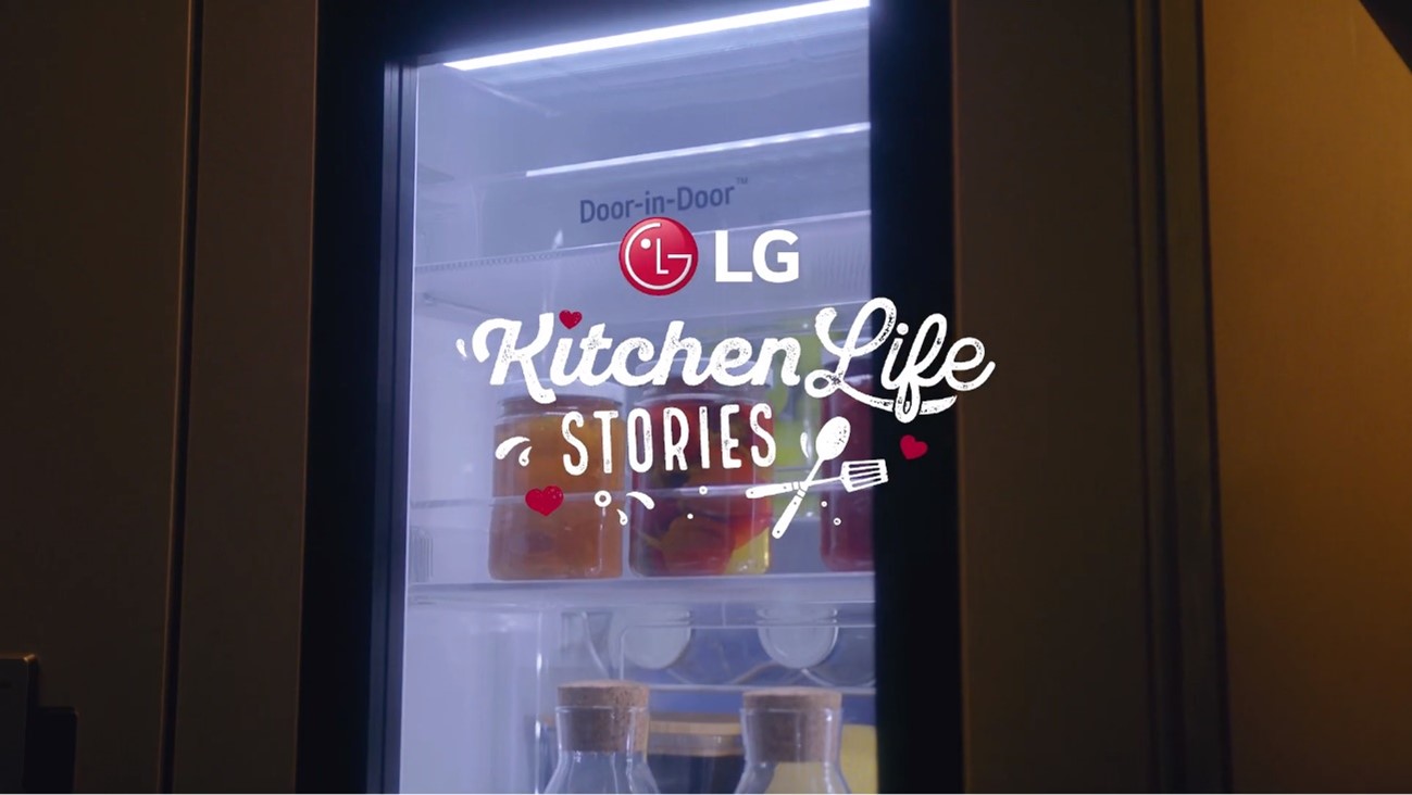 A screenshot from LG Austria’s KitchenLife Stories YouTube video featuring LG’s unique InstaView Door-in-Door refrigerator.