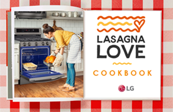 LG’s Lasagna Love Cookbook featuring a woman taking a turkey from her LG oven.