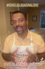 American actor Alfonso Ribeiro taking on the LG Lasagna TikTok challenge with the hashtag #GiveLGLasagnaLove above.