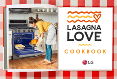 LG’s Lasagna Love Cookbook featuring a woman taking a turkey from her LG oven.