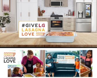 A screenshot of the Give LG Lasagna Love Challenge website with a Lasagna placed in a kitchen fully equipped with LG appliances.