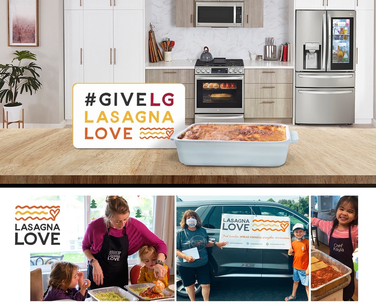 A screenshot of the Give LG Lasagna Love Challenge website with a Lasagna placed in a kitchen fully equipped with LG appliances.