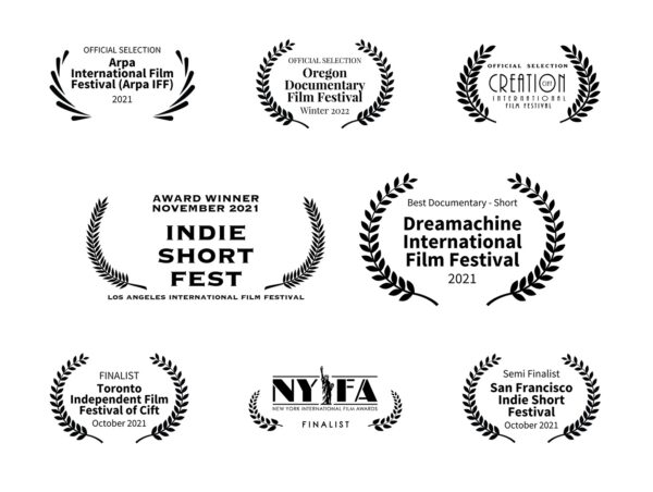 Eight different logos of the Arpa International Film Festival, the Oregon Documentary Film Festival, Creation International Film Festival, the Indie Short Fest, the Dreamachine International Film Festival, Toronto Independent Film Festival, New York International Film Awards and the San Francisco Indie Short Festival 