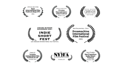 Eight different logos of the Arpa International Film Festival, the Oregon Documentary Film Festival, Creation International Film Festival, the Indie Short Fest, the Dreamachine International Film Festival, Toronto Independent Film Festival, New York International Film Awards and the San Francisco Indie Short Festival