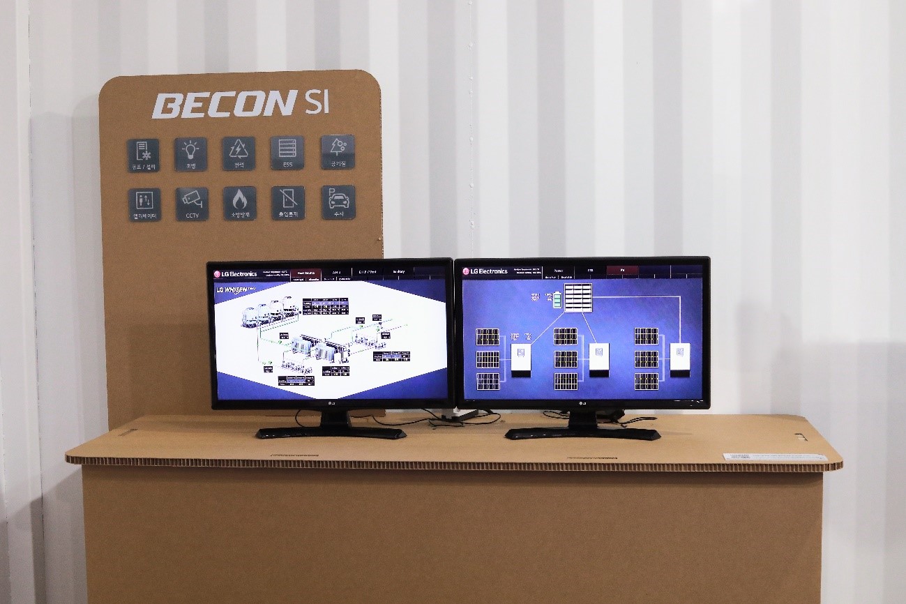 Two monitors on a table displaying LG Building Energy Control (BECON) related programs.