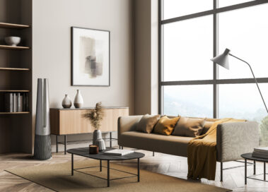 LG PuriCare AeroTower Silver air purifying fan harmonized seamlessly with stylish modern interior.