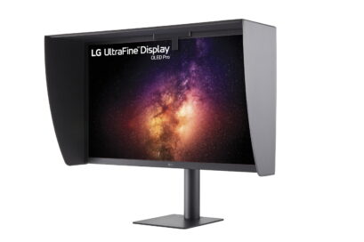LG UltraFine Display OLED Pro monitor with calibration hood – diagonal view