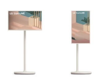 Front view of two LG StanbyME TVs side-by-side, one in landscape mode and the other in portrait mode.