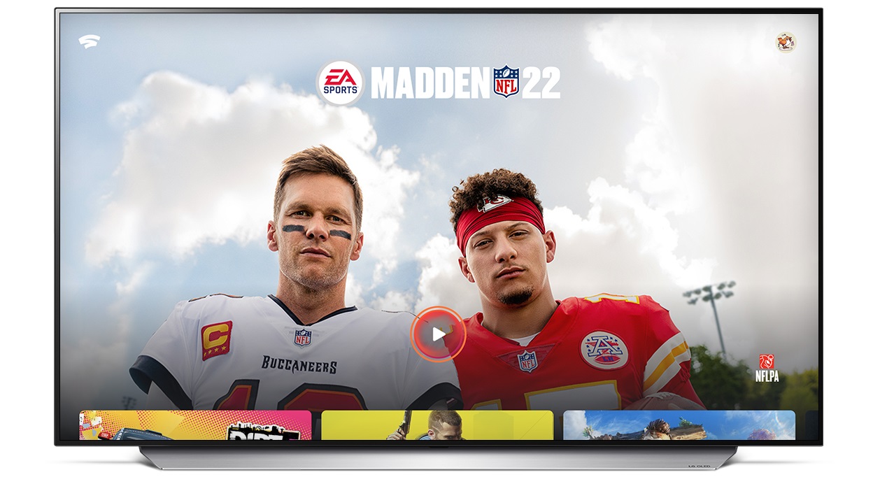 An LG TV displaying video game Madden NFL 22 which is available to play on Google Stadia via LG's cutting-edge smart TVs.