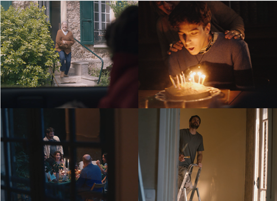 Four images from LG’s YouTube video - a grandmother coming to greet her grandchild, a man blowing out birthday cake candles, a family having dinner together and a man painting his home.