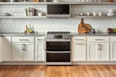 LG InstaView Double Oven Range and Over-the-Range Microwave Oven seamlessly harmonized in a bright kitchen.