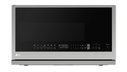A front view of LG Over-the-Range Microwave Oven with stainless steel and tempered glass of LG WideView Window.