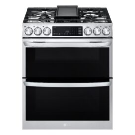 A front view of LG InstaView Double Oven Range.