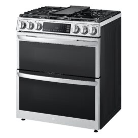 A diagonal view of LG InstaView Double Oven Range.