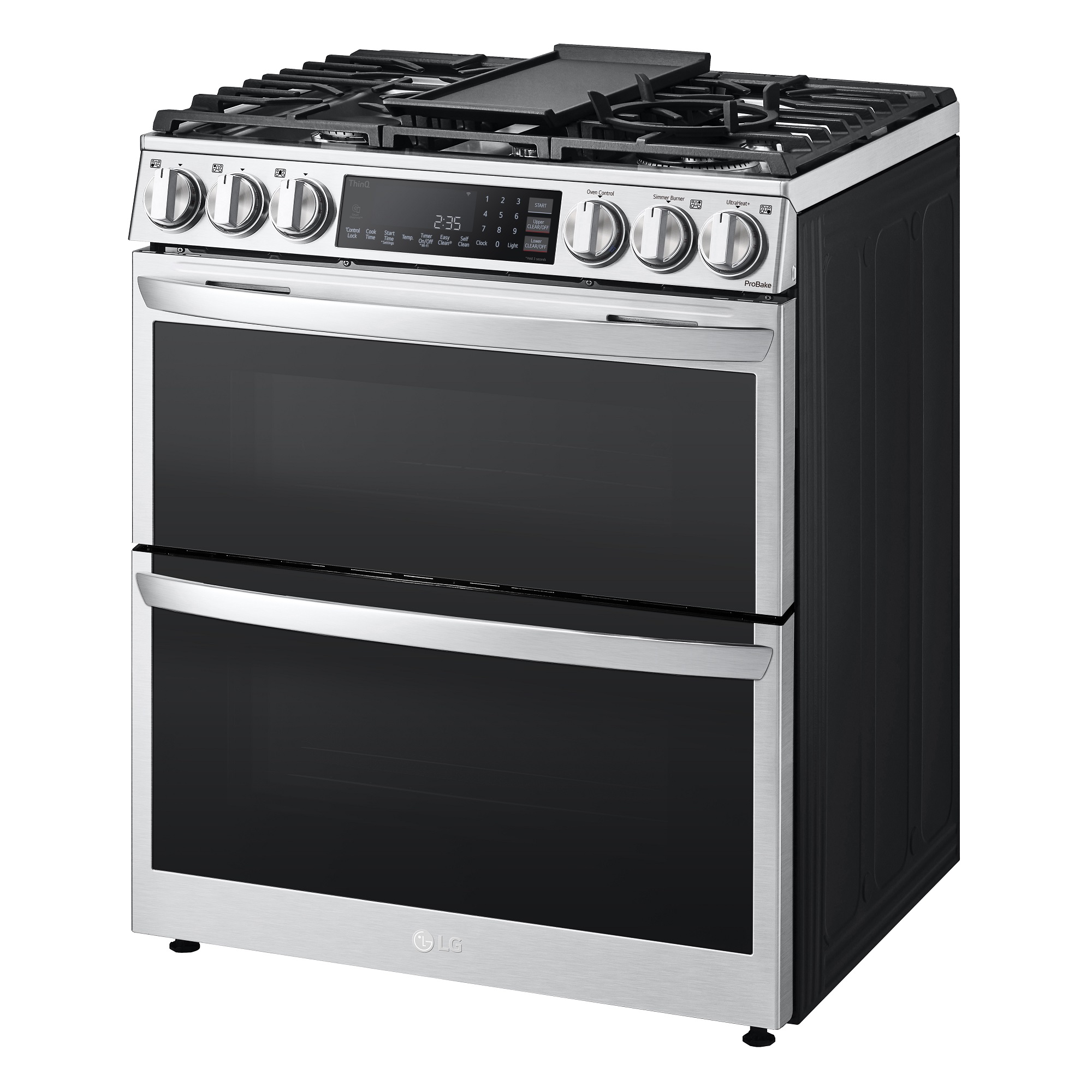 A diagonal view of LG InstaView Double Oven Range.