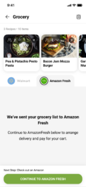 A screen of LG ThinQ Recipe where there are 3 one-click shoppable recipes selected in the Grocery section and a message below saying the app sent the user’s grocery list to Amazon Fresh.