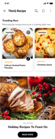 A screen of LG ThinQ Recipe recommending most popular recipes like Leftover Mashed Potato Pancakes, Christmas Queso and a collection of Holiday Recipes To Feast On.