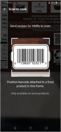 A screen of ThinQ Recipe showing a barcode to send recipes for Home Meal Replacements to the oven in the Scan to cook section.