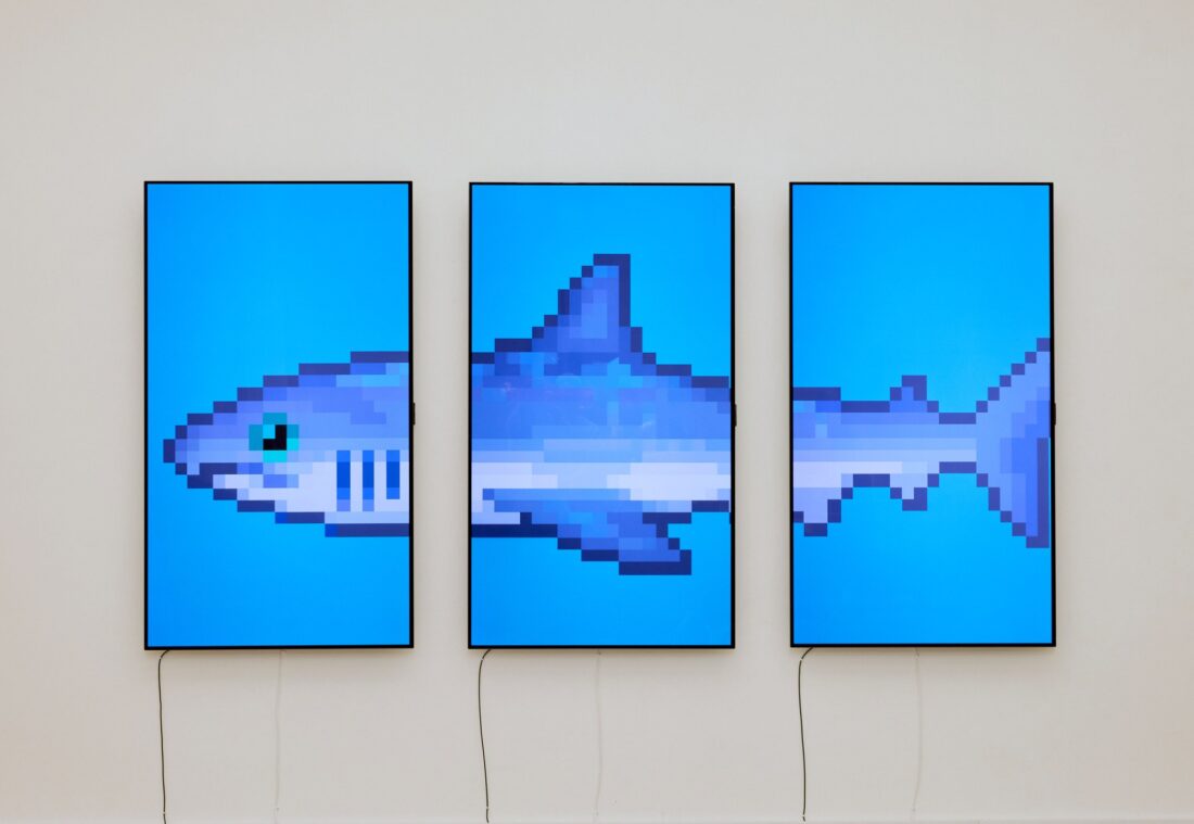 ‘THE S/H/A/R/K’ by Damien Hirst displayed on LG OLED TV at Saatchi Gallery