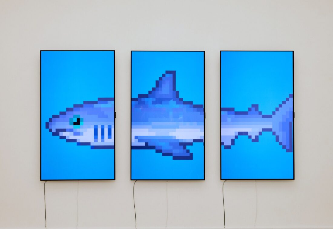 ‘THE S/H/A/R/K’ by Damien Hirst displayed on LG OLED TV at Saatchi Gallery