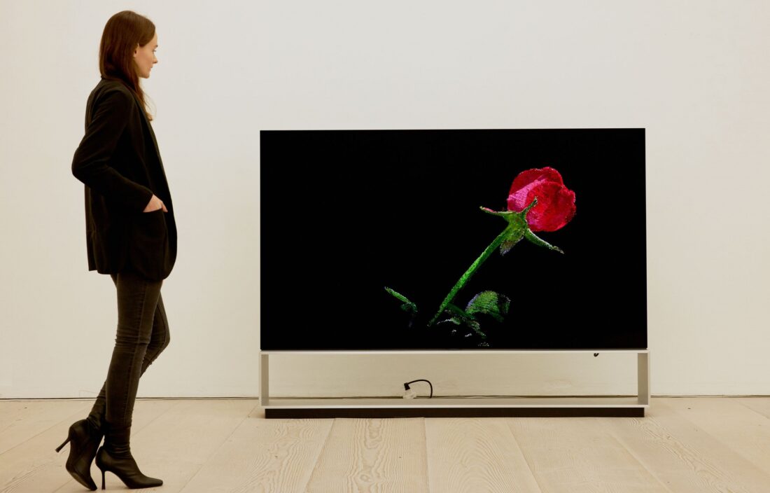 A visitor viewing ‘The Moment & Morpho Luna’ by Je Baak displayed on the LG OLED TV