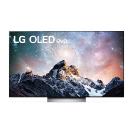 Front view of the 77-inch LG OLED evo C2 model beautifully displaying the summit of a mountain and the universe through OLED’s spectacular contrast levels and colors.