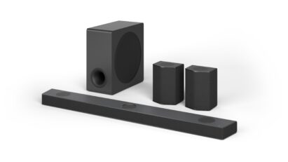 The LG Soundbar S95QR model with two rear speakers and a subwoofer.