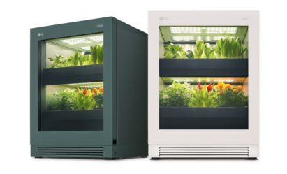 Two LG tiiun indoor gardening appliances in Nature Green and Nature Beige color.