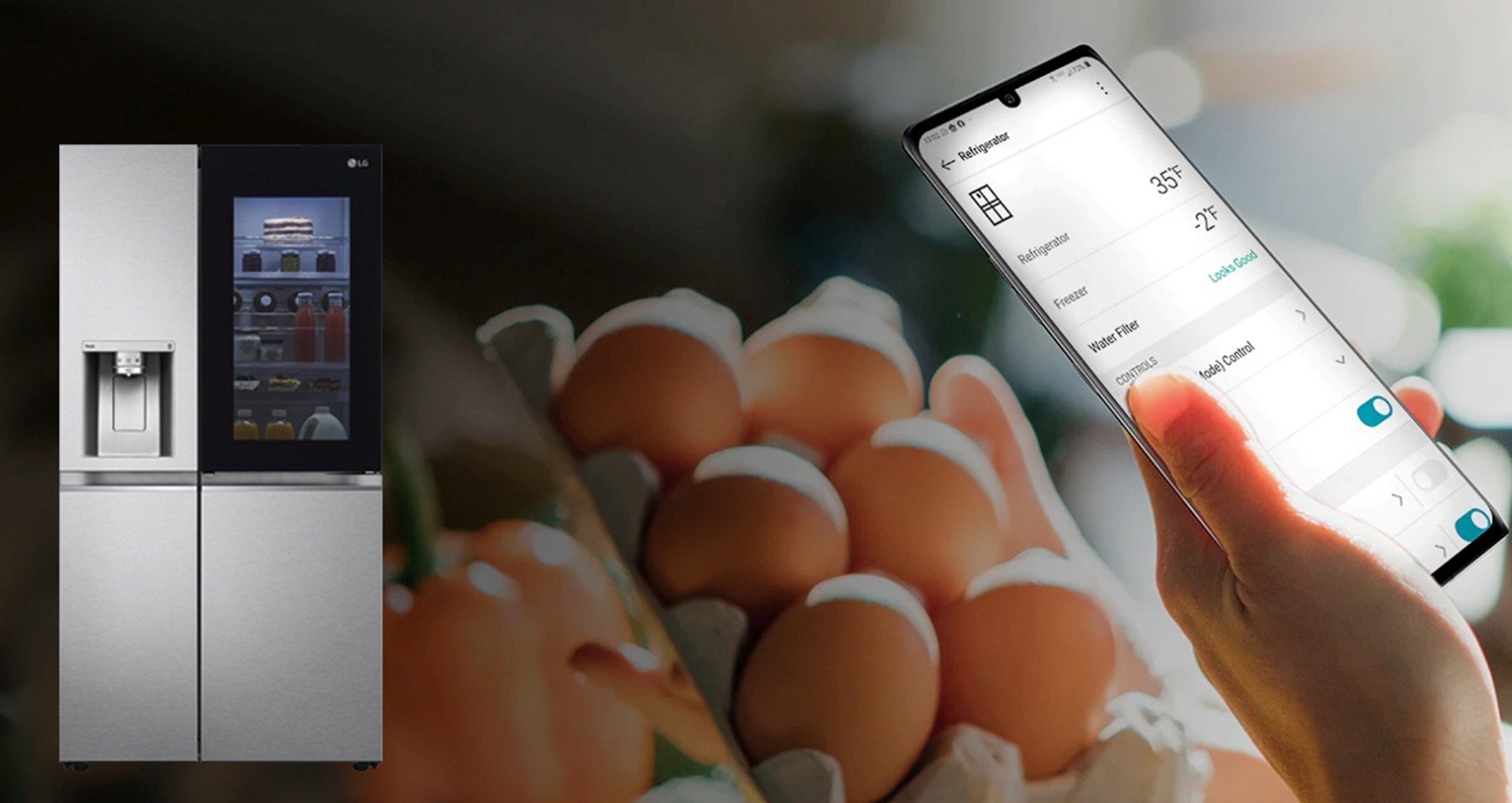 Someone using the LG ThinQ app on their smartphone to monitor the LG InstaView refrigerator, with a box of eggs in the background.