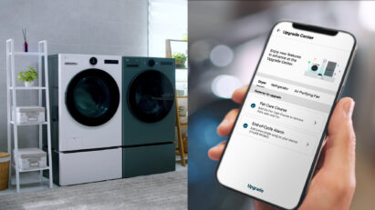 LG’s Upgradable washer and dryer are displayed on the left side of the image while a hand holding a smartphone on the right side of the image showing the Upgrade Center in ThinQ App