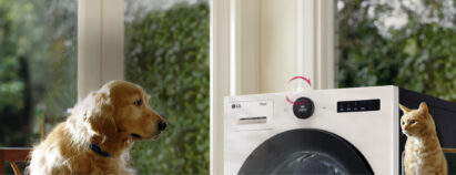 LG’s Upgradable dryer is located in between a dog and cat, upgrading its features for pets
