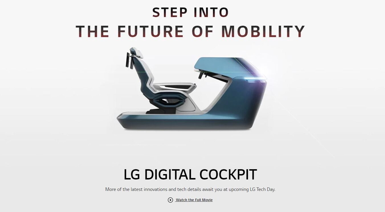 A screenshot of the LG VS Company website's main page featuring a photo of the LG Digital Cockpit.