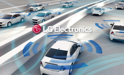 An illustration of a car in the middle of a road surrounded by other vehicles with LG Electronics' logo overlapping
