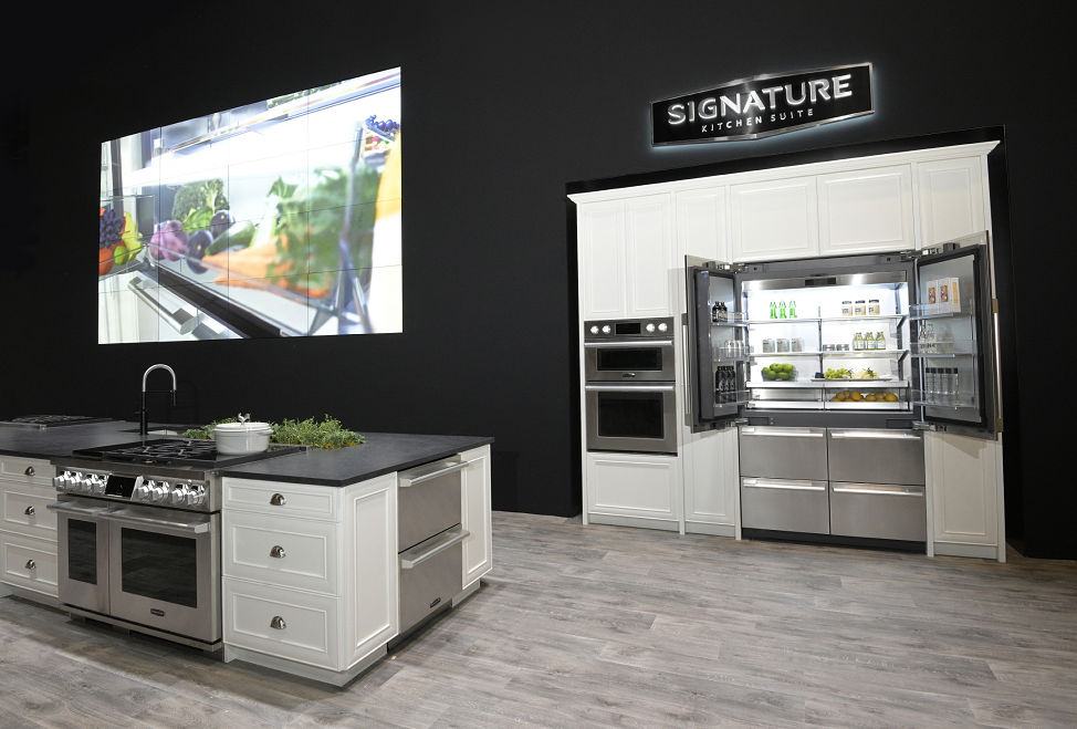 Signature Kitchen Suite built-in French Door refrigerator is displayed with other kitchen appliances in the LG booth at Kitchen and Bath Industry Show 2022