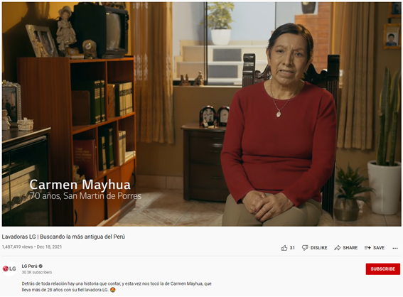 A screenshot of a LG Peru's YouTube video featuring Carmen Mayhua telling the story of her old washer