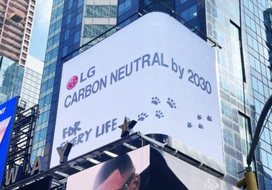LG's digital billboard in Time Square, New York displaying an illustration with the phrase, 'Carbon Neutral by 2030'